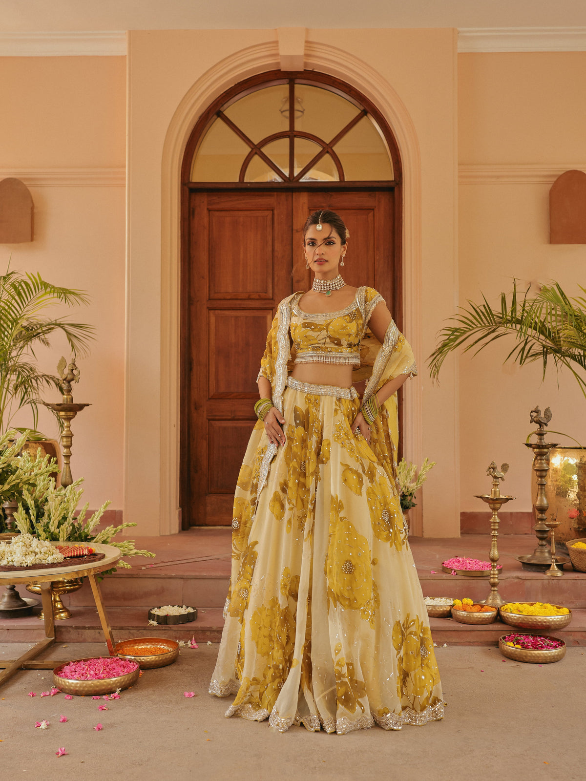 Yellow Printed Organza Lehenga with Sequins