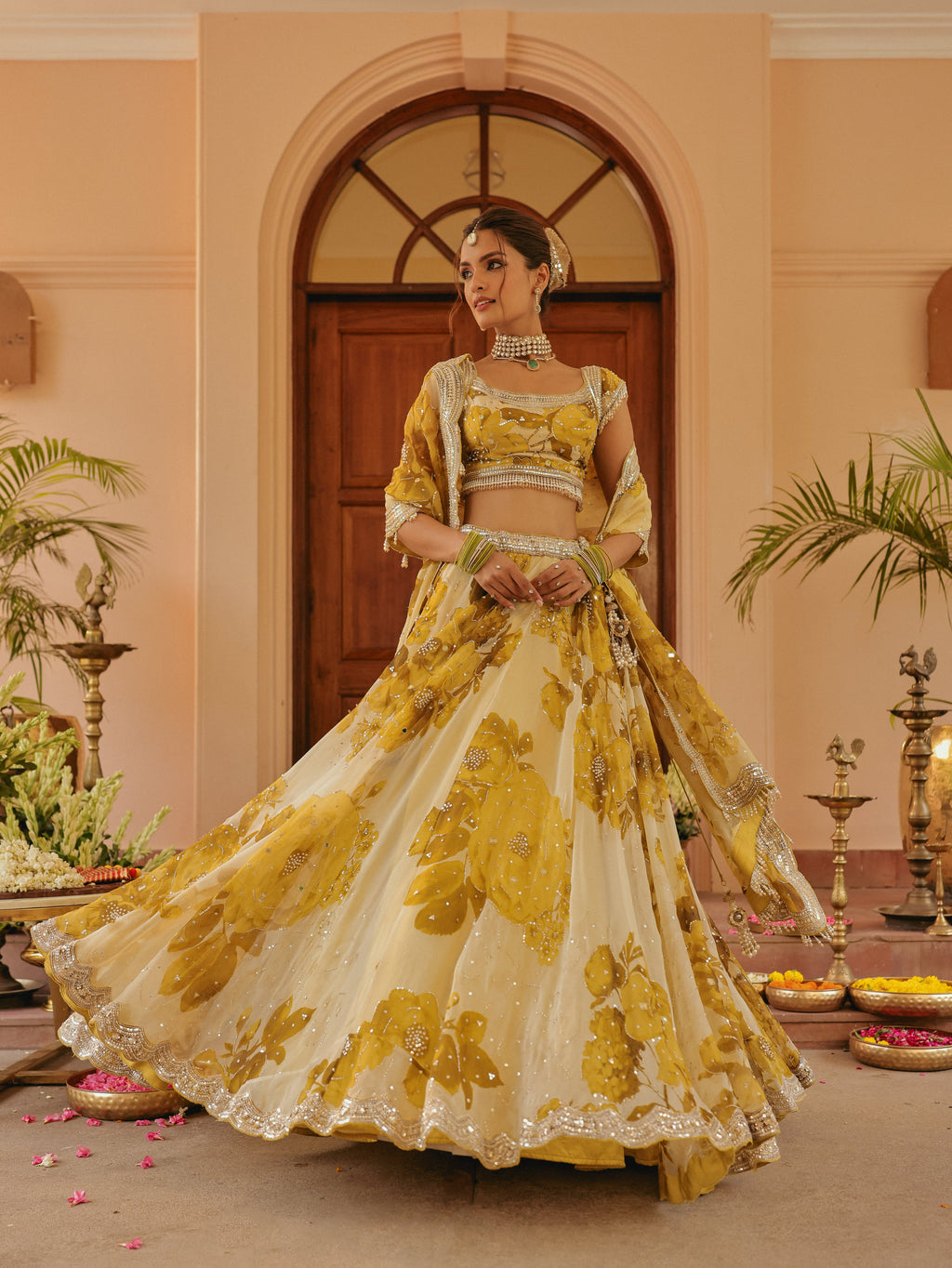 Yellow Printed Organza Lehenga with Sequins, view 2