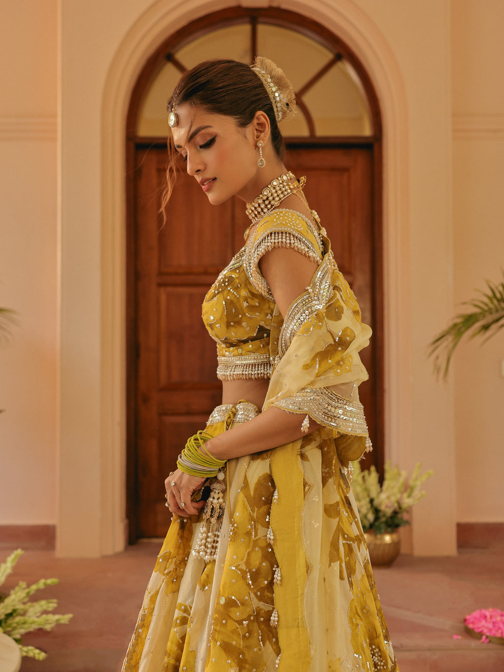 Yellow Printed Organza Lehenga with Sequins, view 3