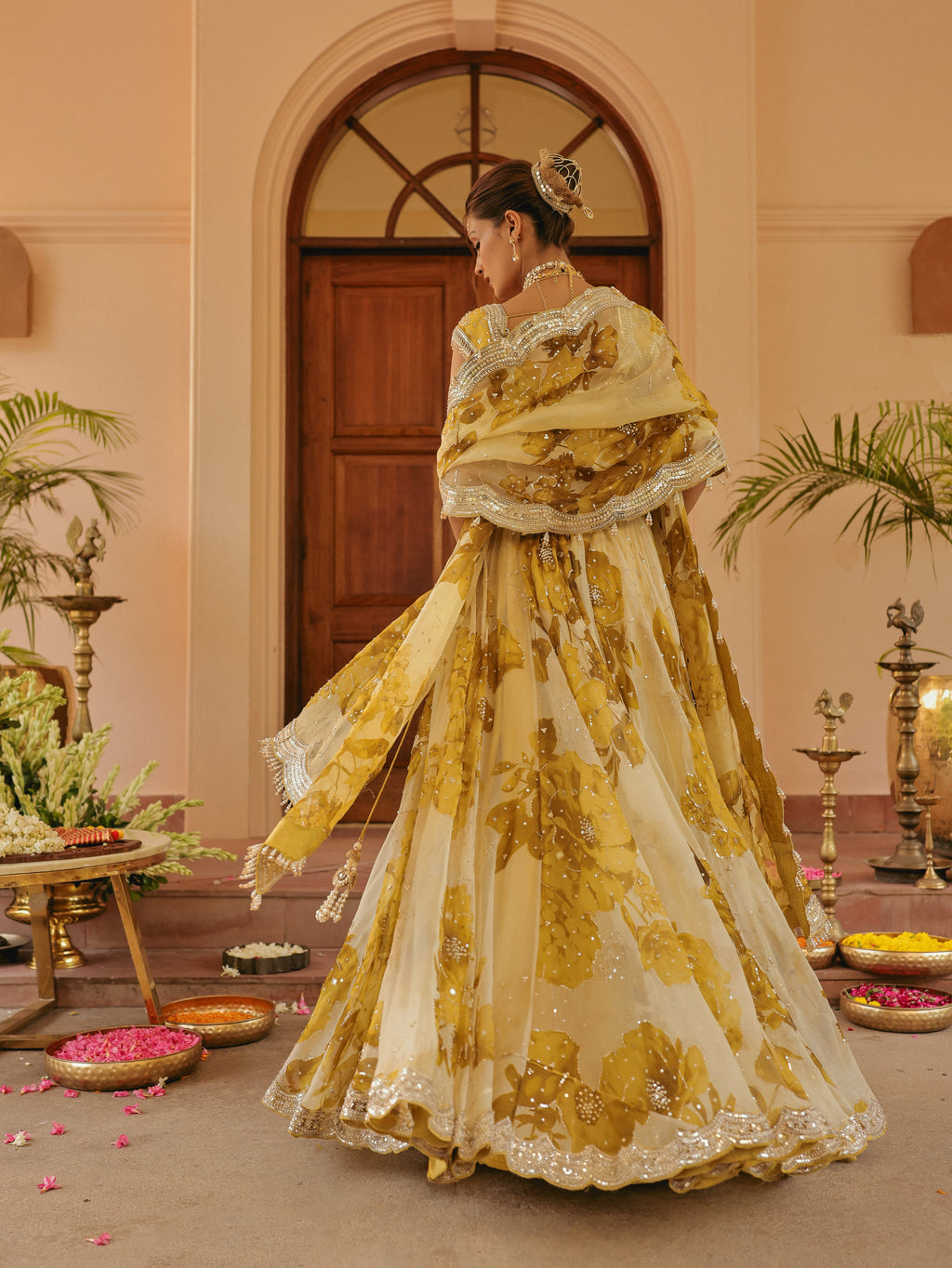Yellow Printed Organza Lehenga with Sequins, view 4