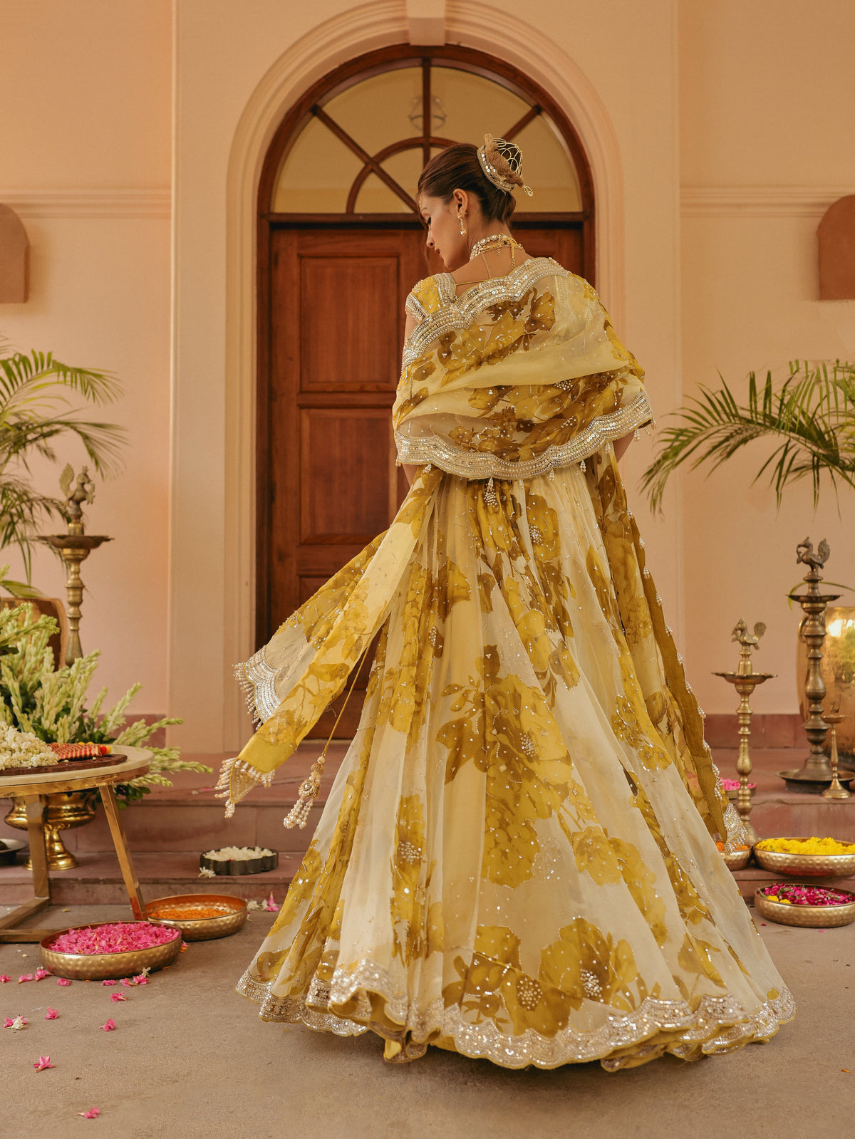 Yellow Printed Organza Lehenga with Sequins, view 4