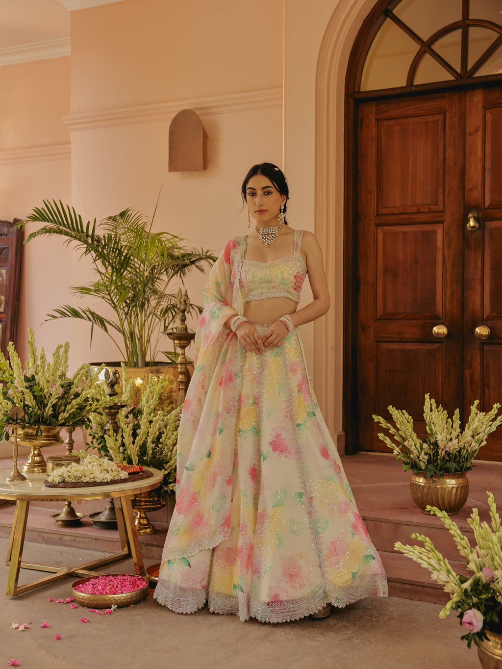 Ivory Printed Organza Lehenga with Pearls, view 2