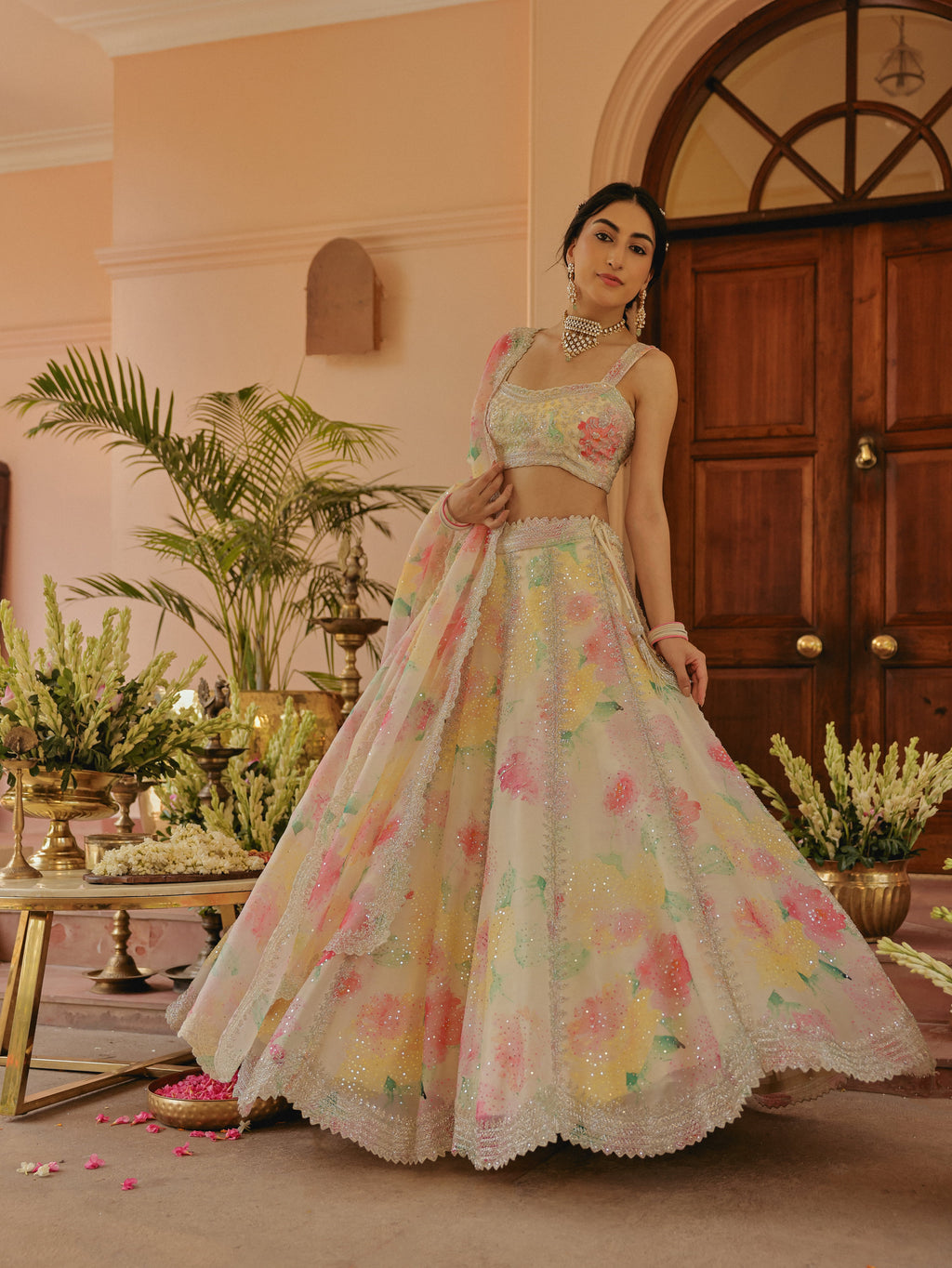 Ivory Printed Organza Lehenga with Pearls, view 3