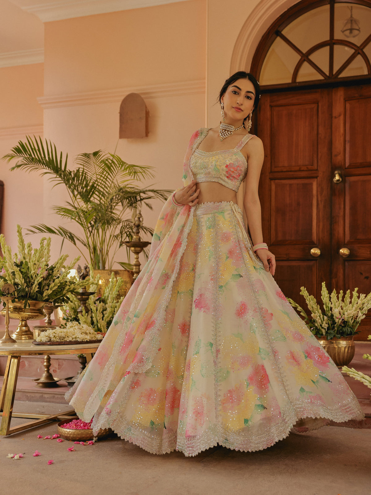 Ivory Printed Organza Lehenga with Pearls, view 3