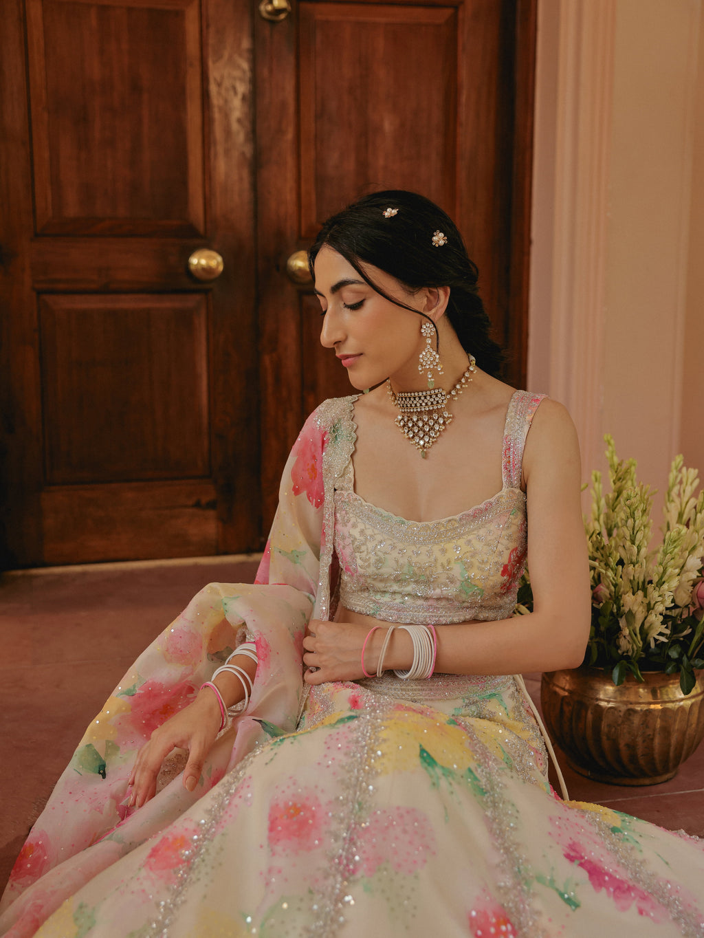 Ivory Printed Organza Lehenga with Pearls, view 4