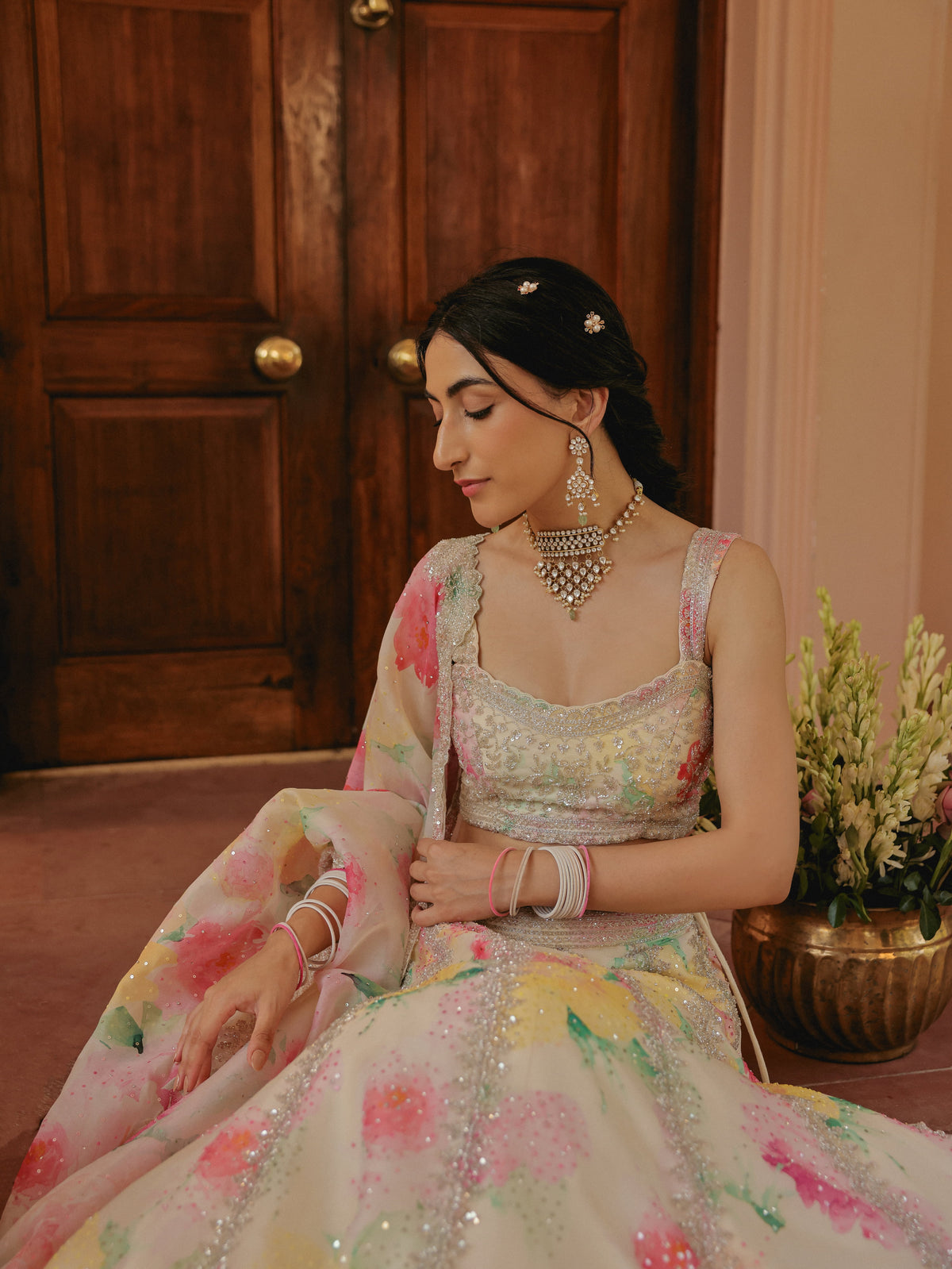 Ivory Printed Organza Lehenga with Pearls, view 4