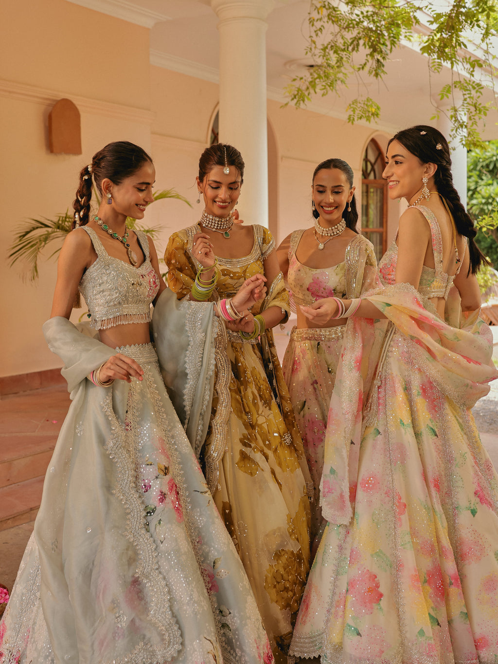 Ivory Printed Organza Lehenga with Pearls, view 5