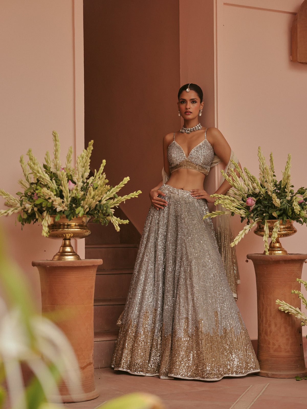 Silver Tulle Lehenga with Gold Sequins