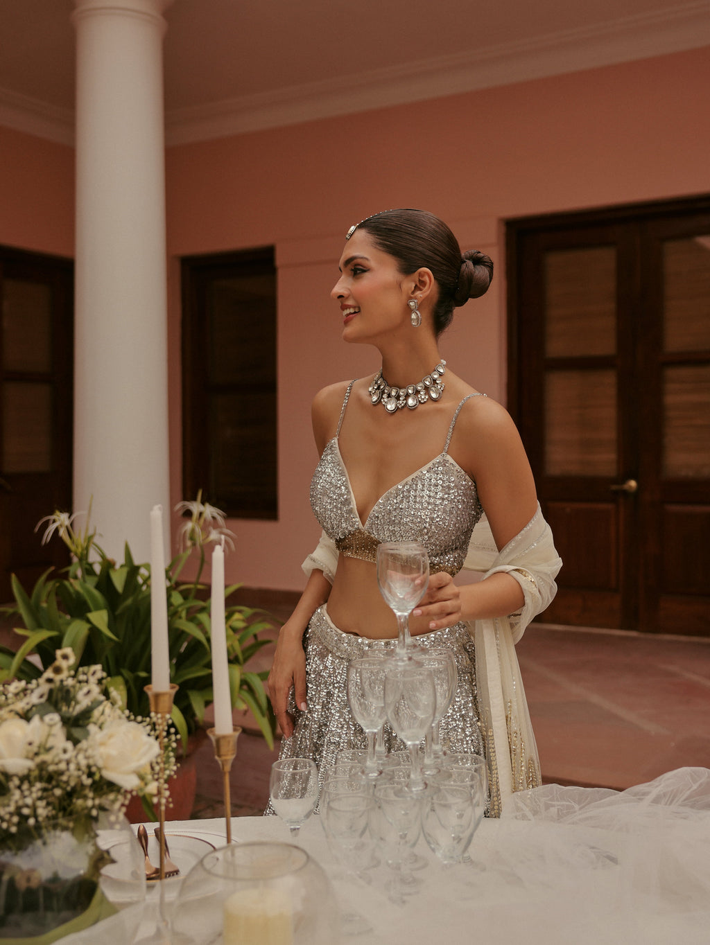 Silver Tulle Lehenga with Gold Sequins, view 3