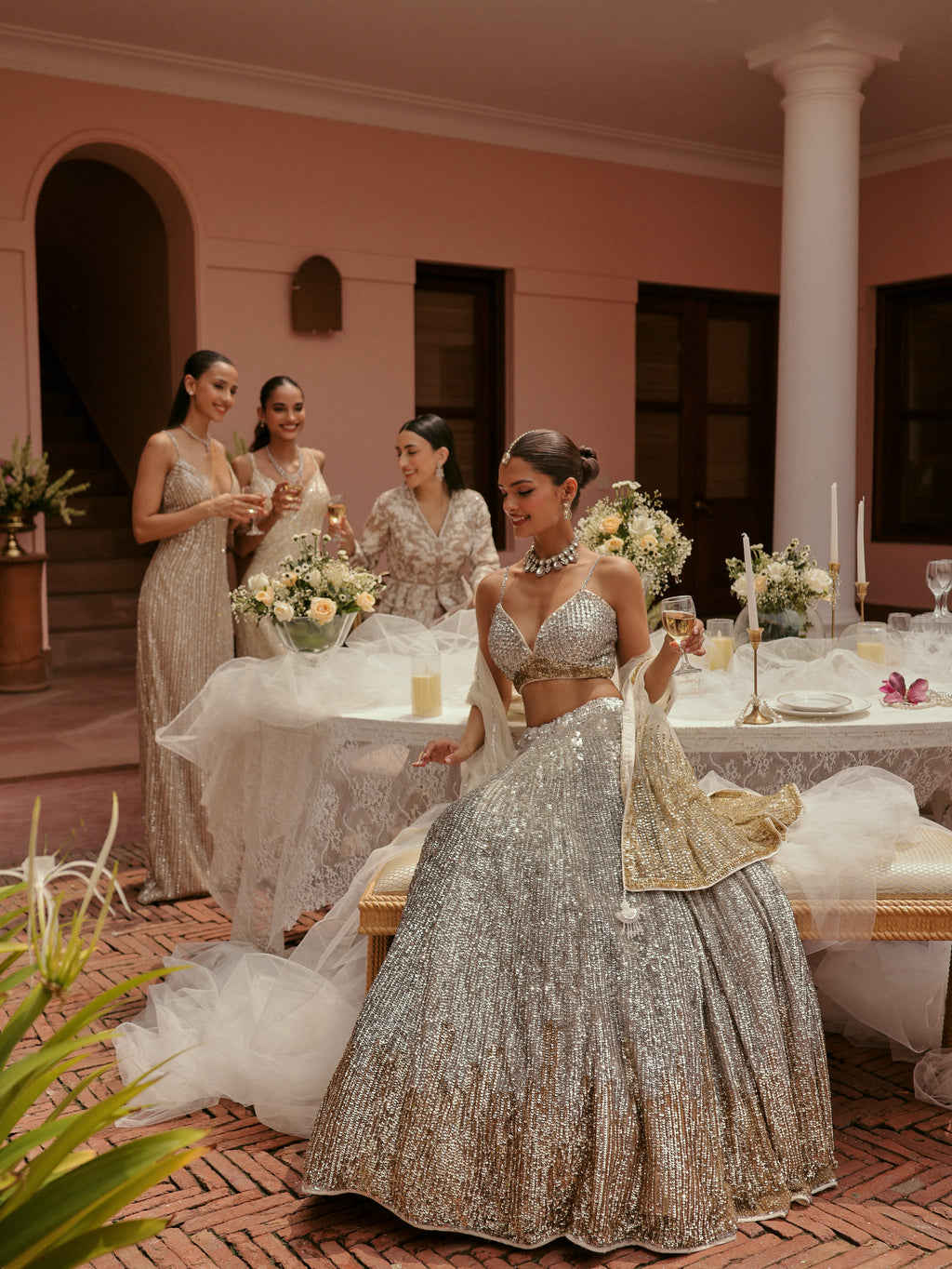 Silver Tulle Lehenga with Gold Sequins, view 5
