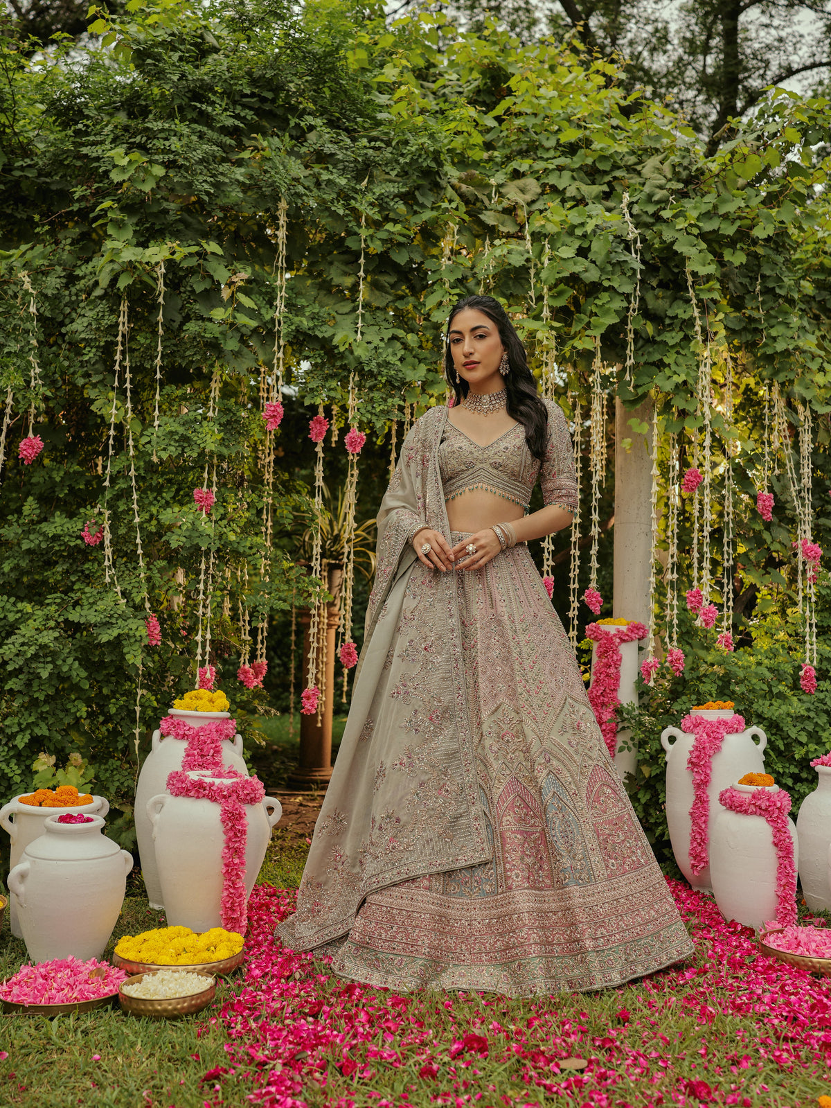 Sage Green Lehenga with Aqua and Old Rose Appliqué