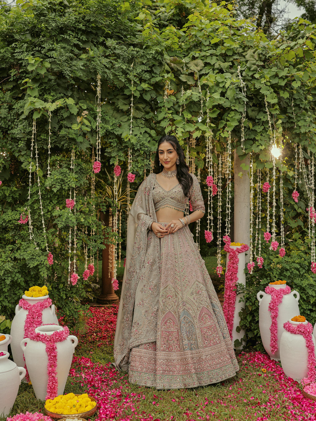 Sage Green Lehenga with Aqua and Old Rose Appliqué, view 2