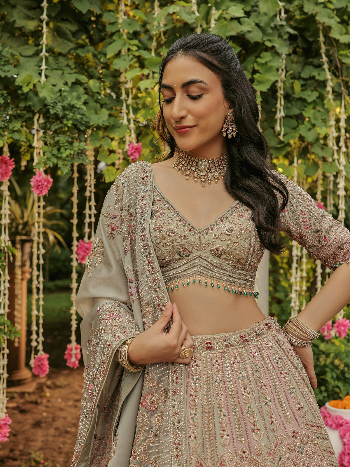 Sage Green Lehenga with Aqua and Old Rose Appliqué, view 3