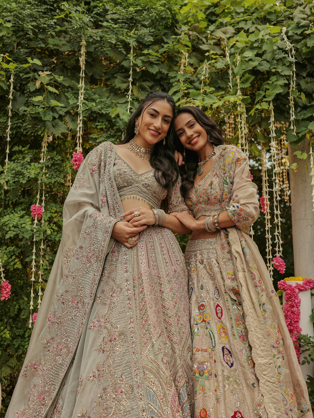 Sage Green Lehenga with Aqua and Old Rose Appliqué, view 4