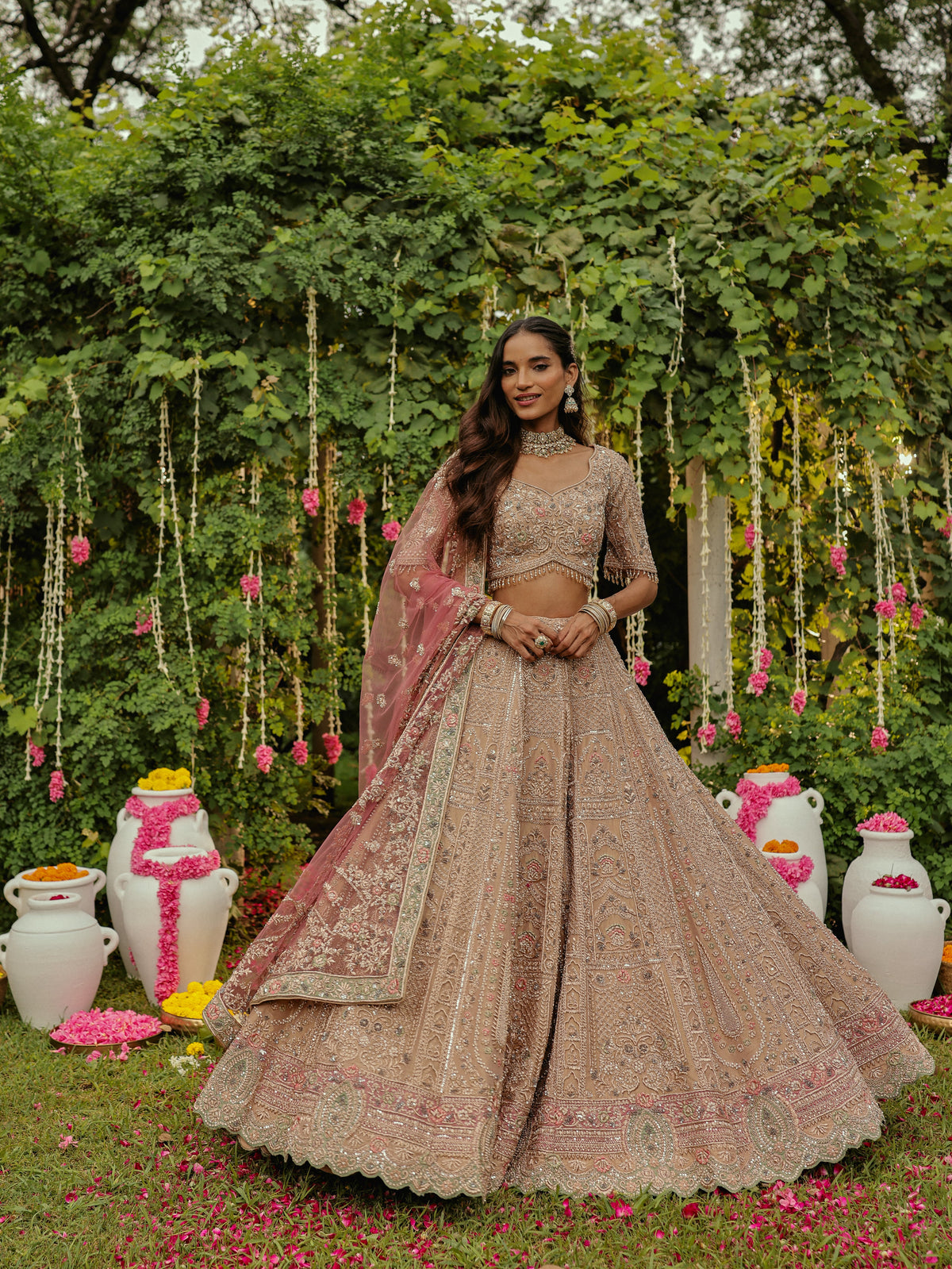 Old Rose Lehenga with Sage Green Appliqué
