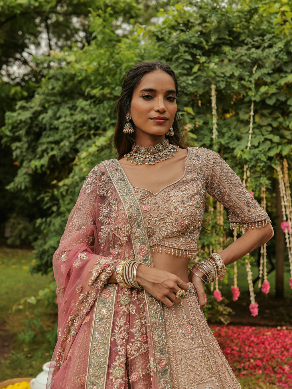 Old Rose Lehenga with Sage Green Appliqué, view 2