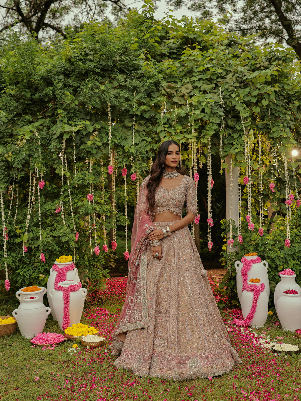 Old Rose Lehenga with Sage Green Appliqué, view 3