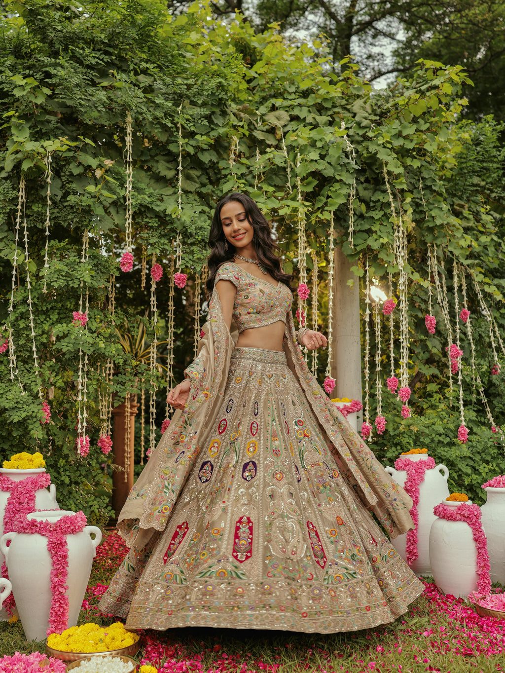 Beige Tissue Lehenga with Multicolour Embroidery