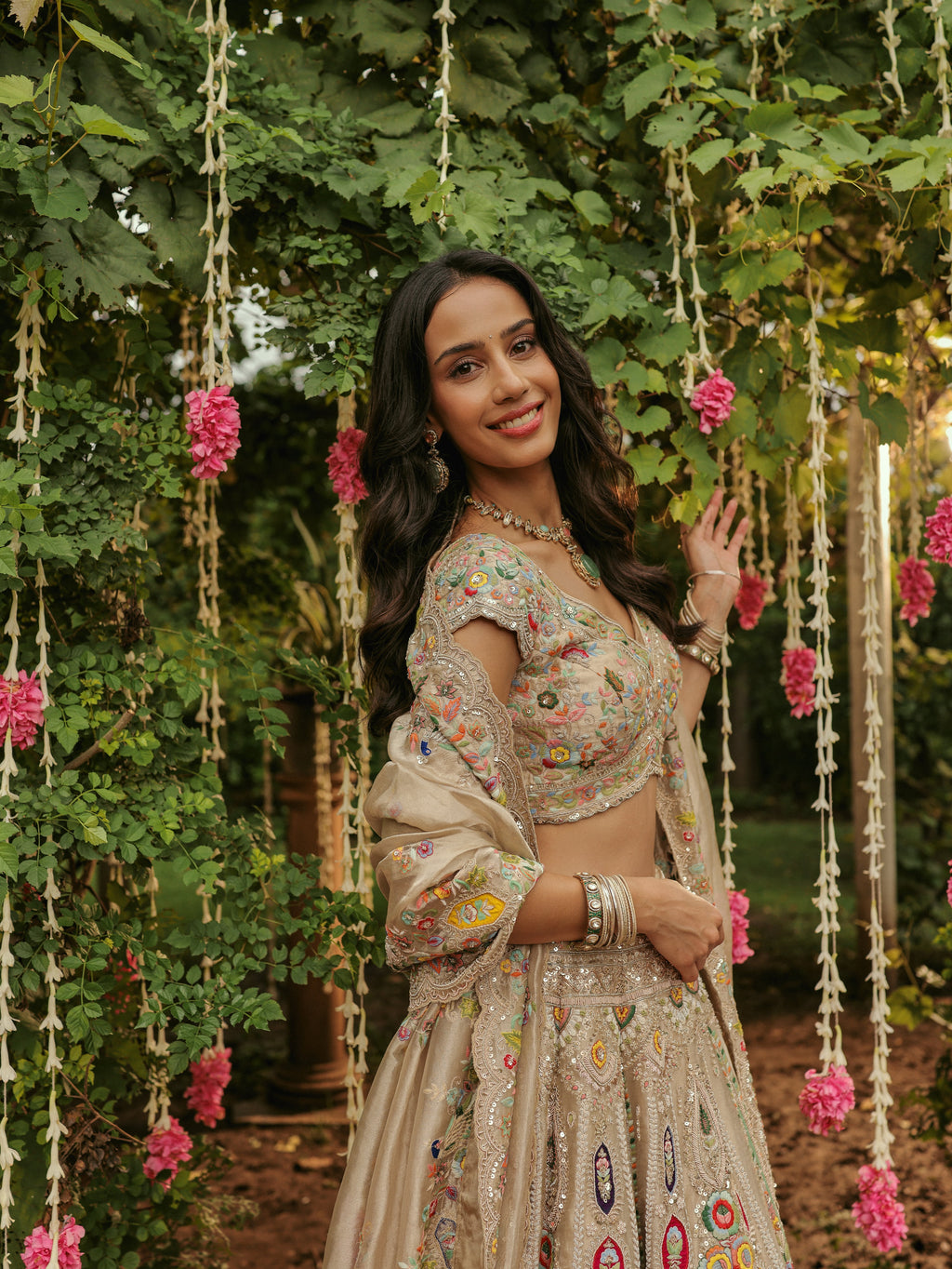 Beige Tissue Lehenga with Multicolour Embroidery, view 2