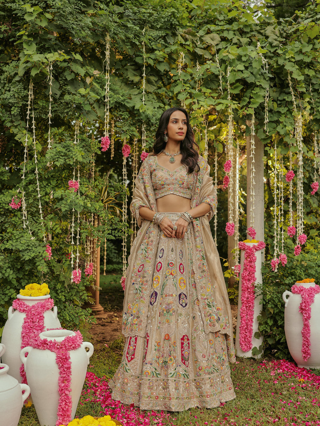 Beige Tissue Lehenga with Multicolour Embroidery, view 3