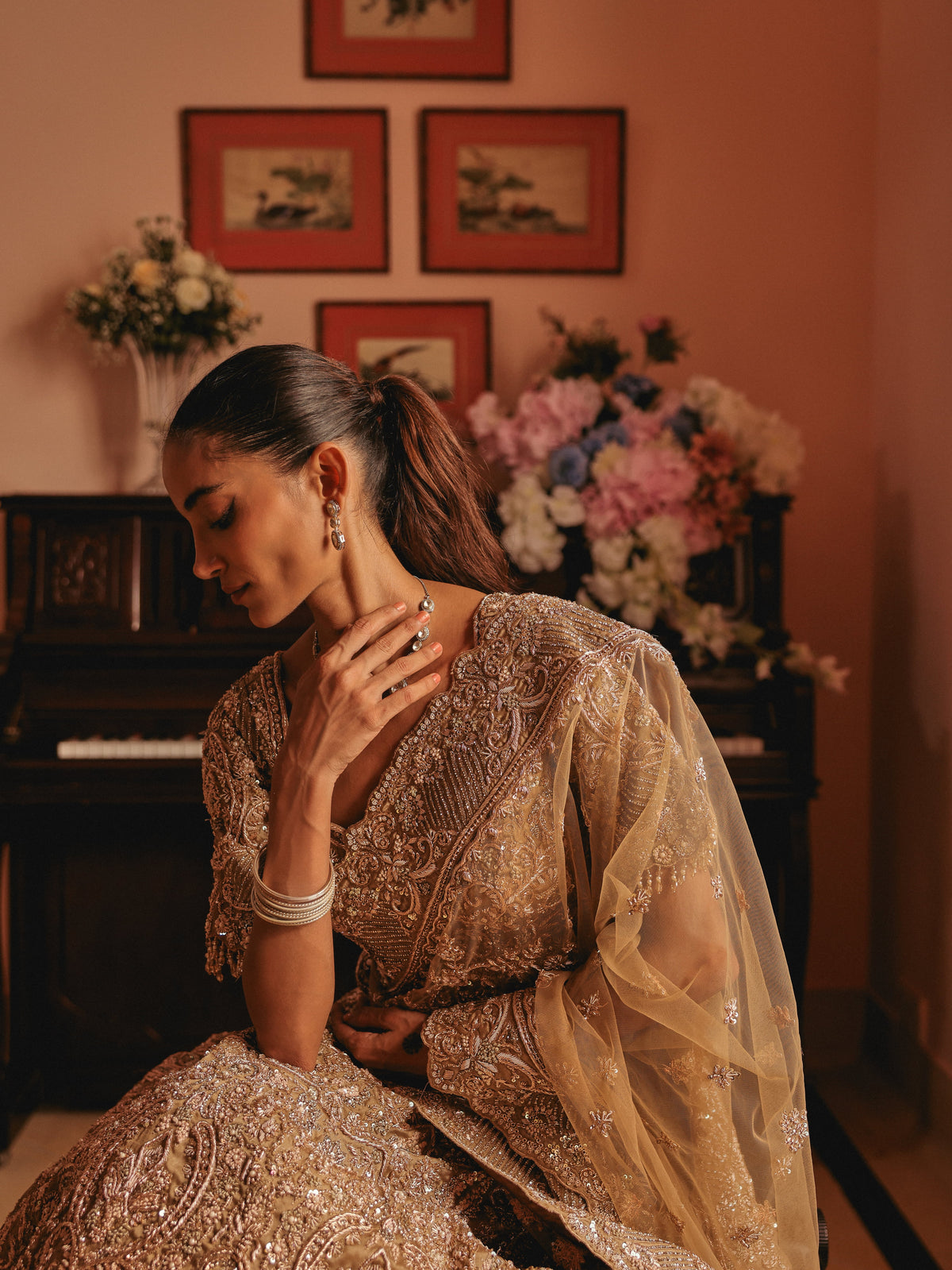 Gold Organza Lehenga with Zardosi, view 3
