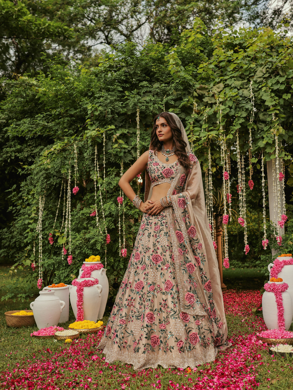 Gold Tissue Lehenga with Rose Motifs