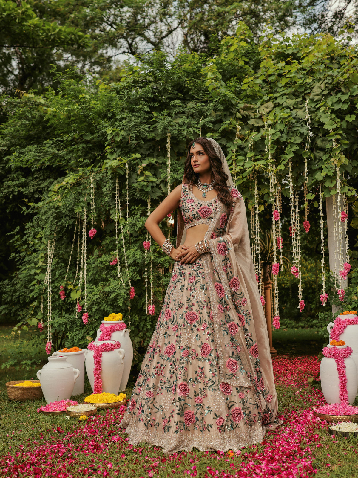 Gold Tissue Lehenga with Rose Motifs
