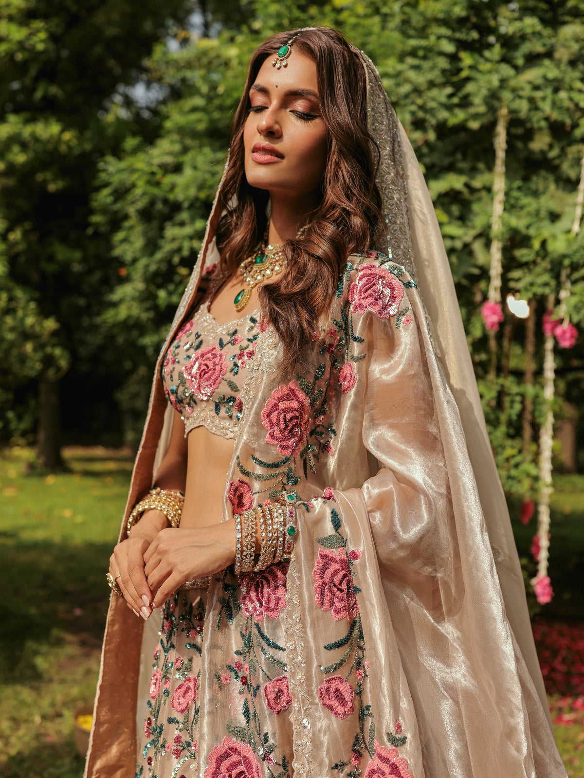 Gold Tissue Lehenga with Rose Motifs, view 2