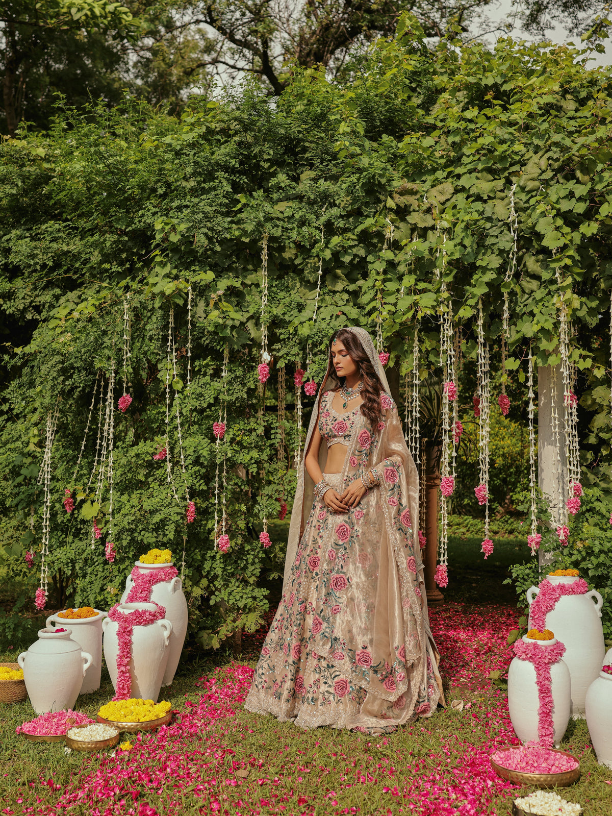 Gold Tissue Lehenga with Rose Motifs, view 3