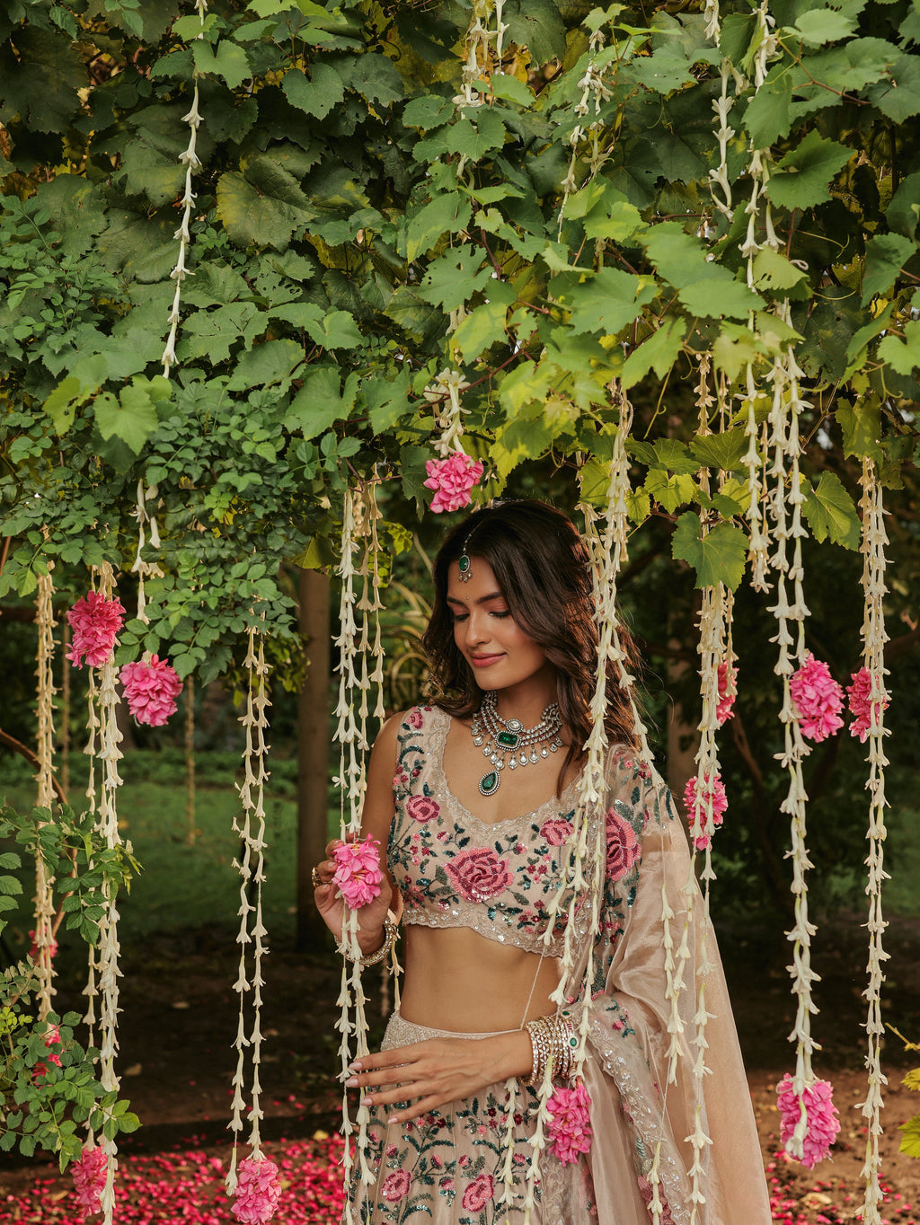 Gold Tissue Lehenga with Rose Motifs, view 4