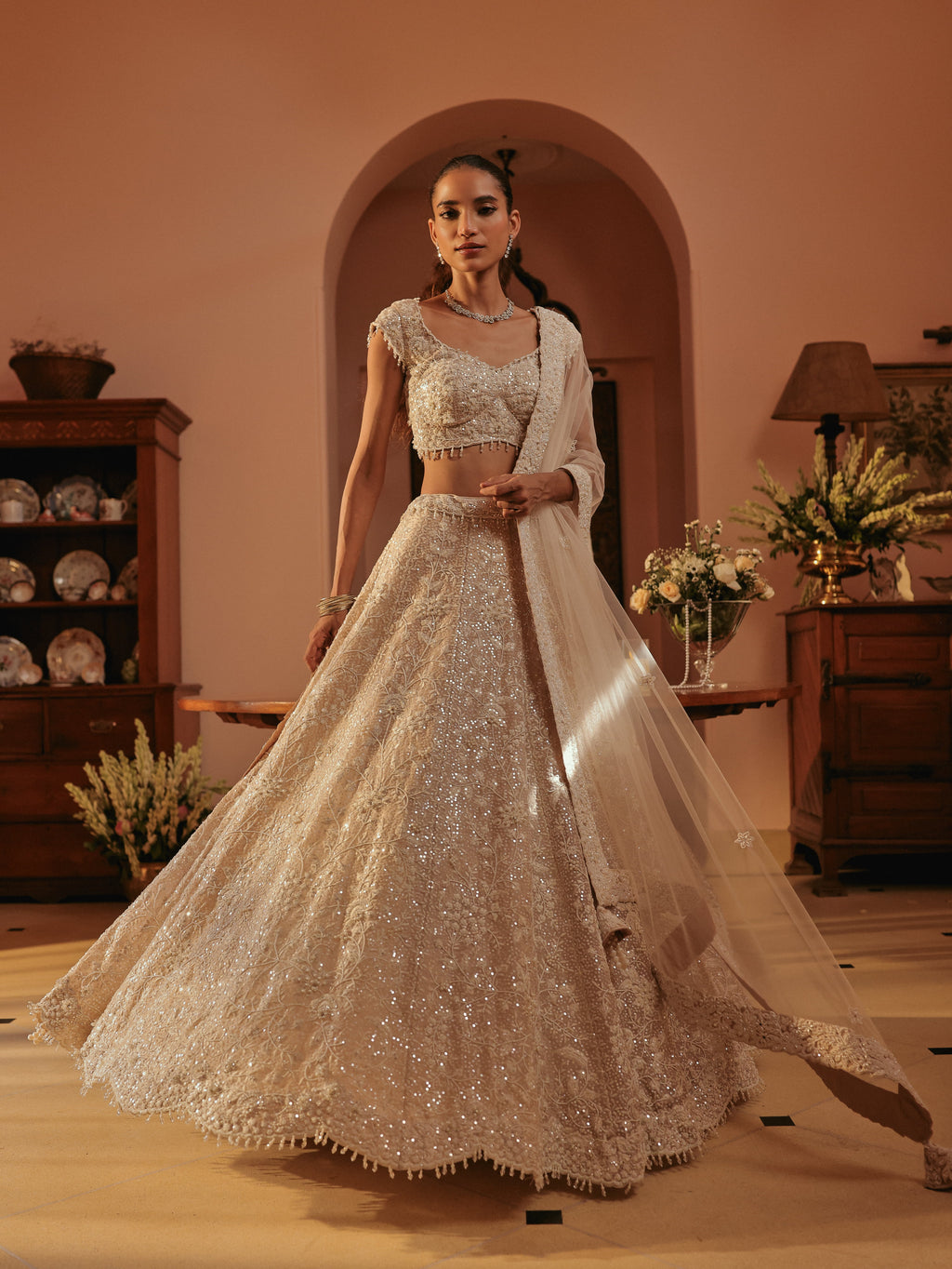 Beige Lehenga with Threadwork, view 3
