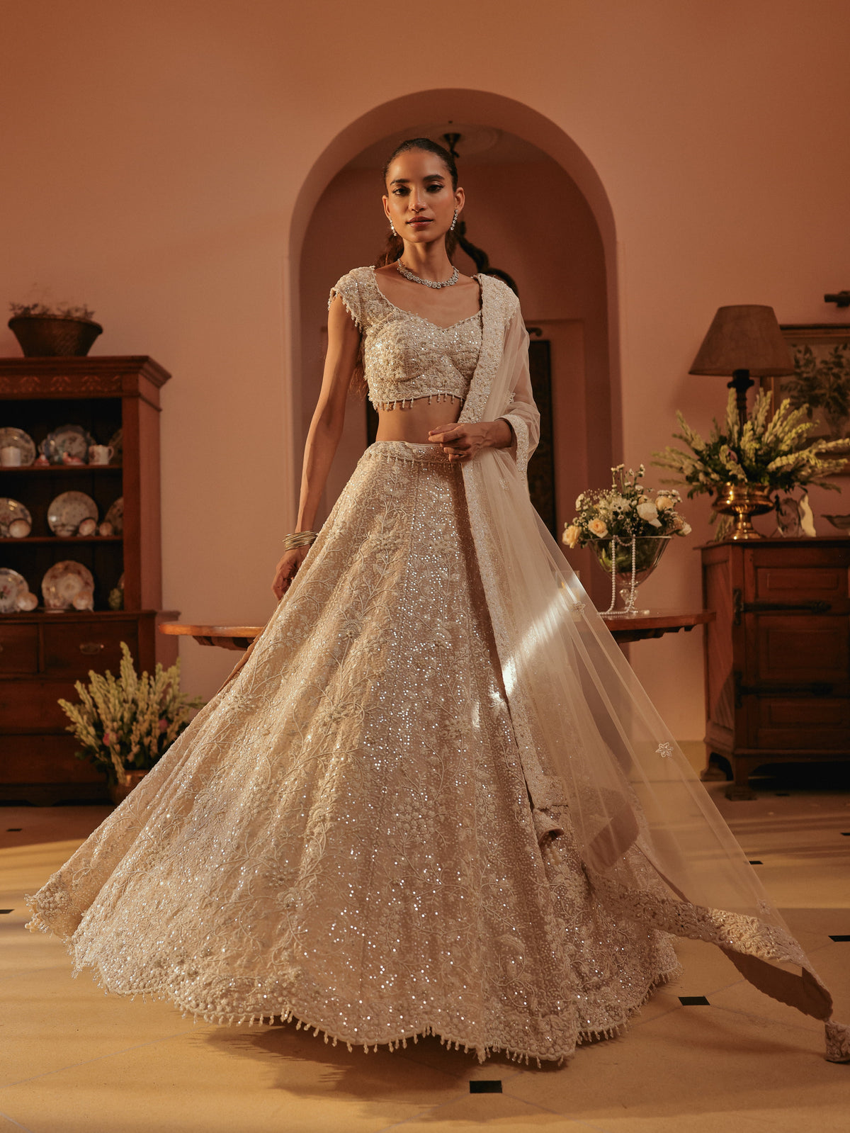 Beige Lehenga with Threadwork, view 3