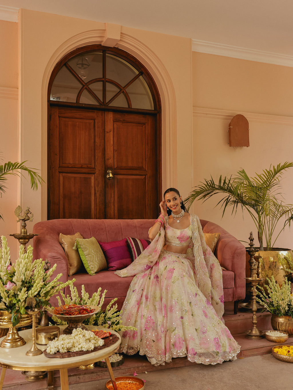 Ivory Printed Organza Lehenga with Mirror