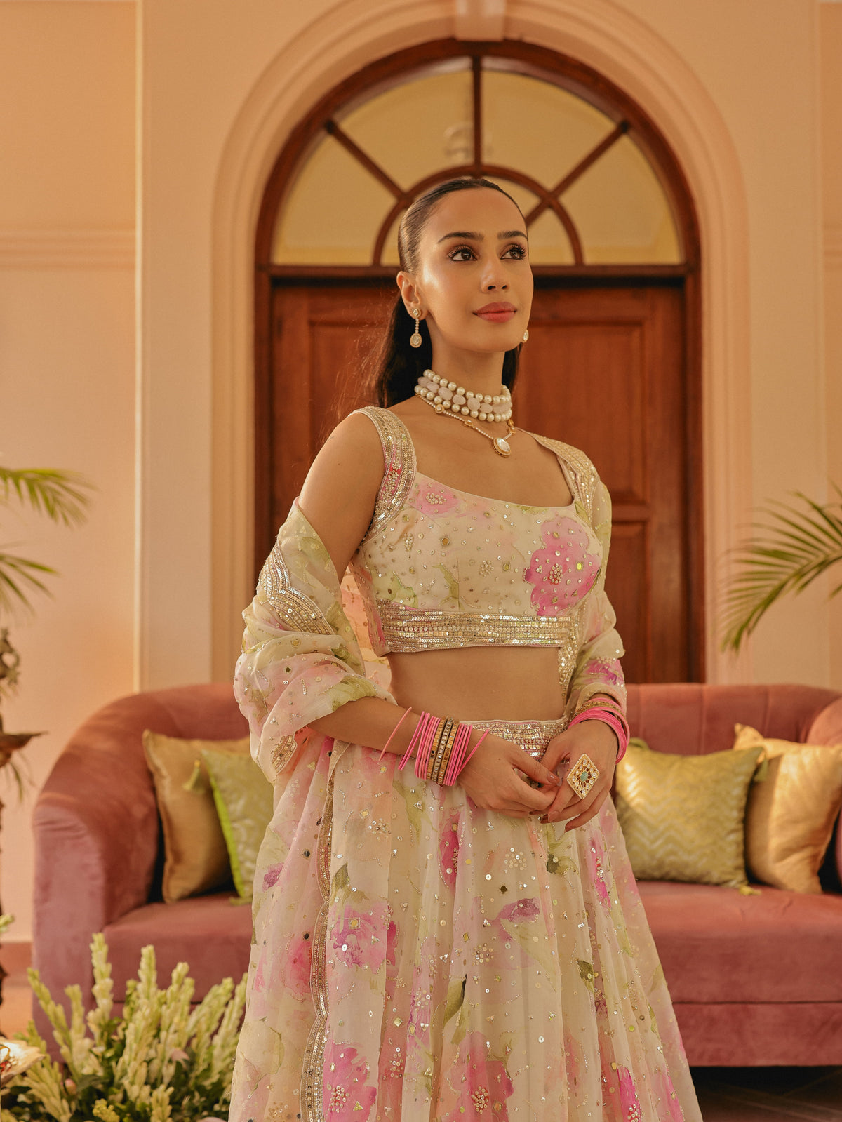 Ivory Printed Organza Lehenga with Mirror, view 2