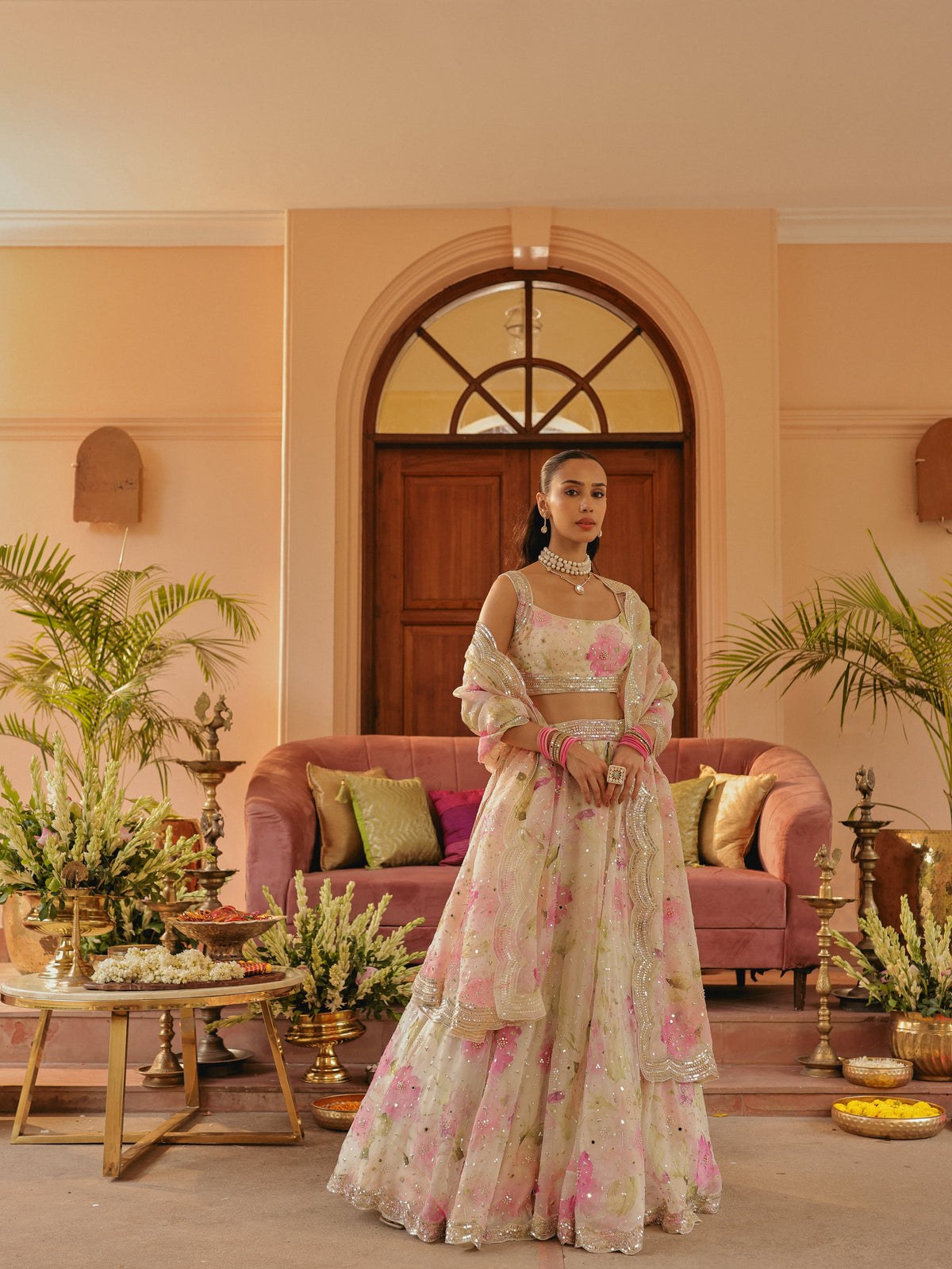 Ivory Printed Organza Lehenga with Mirror, view 3