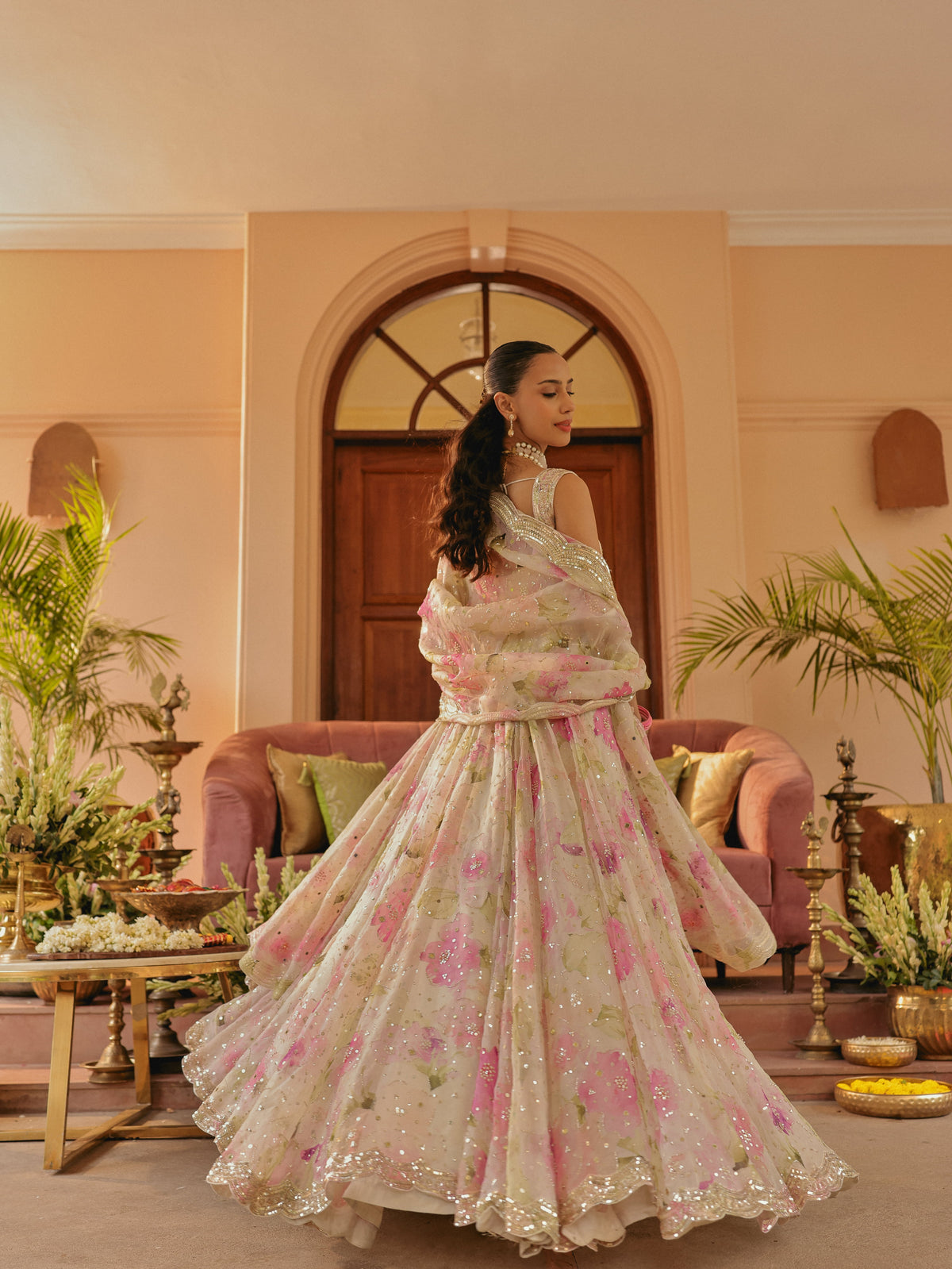 Ivory Printed Organza Lehenga with Mirror, view 4