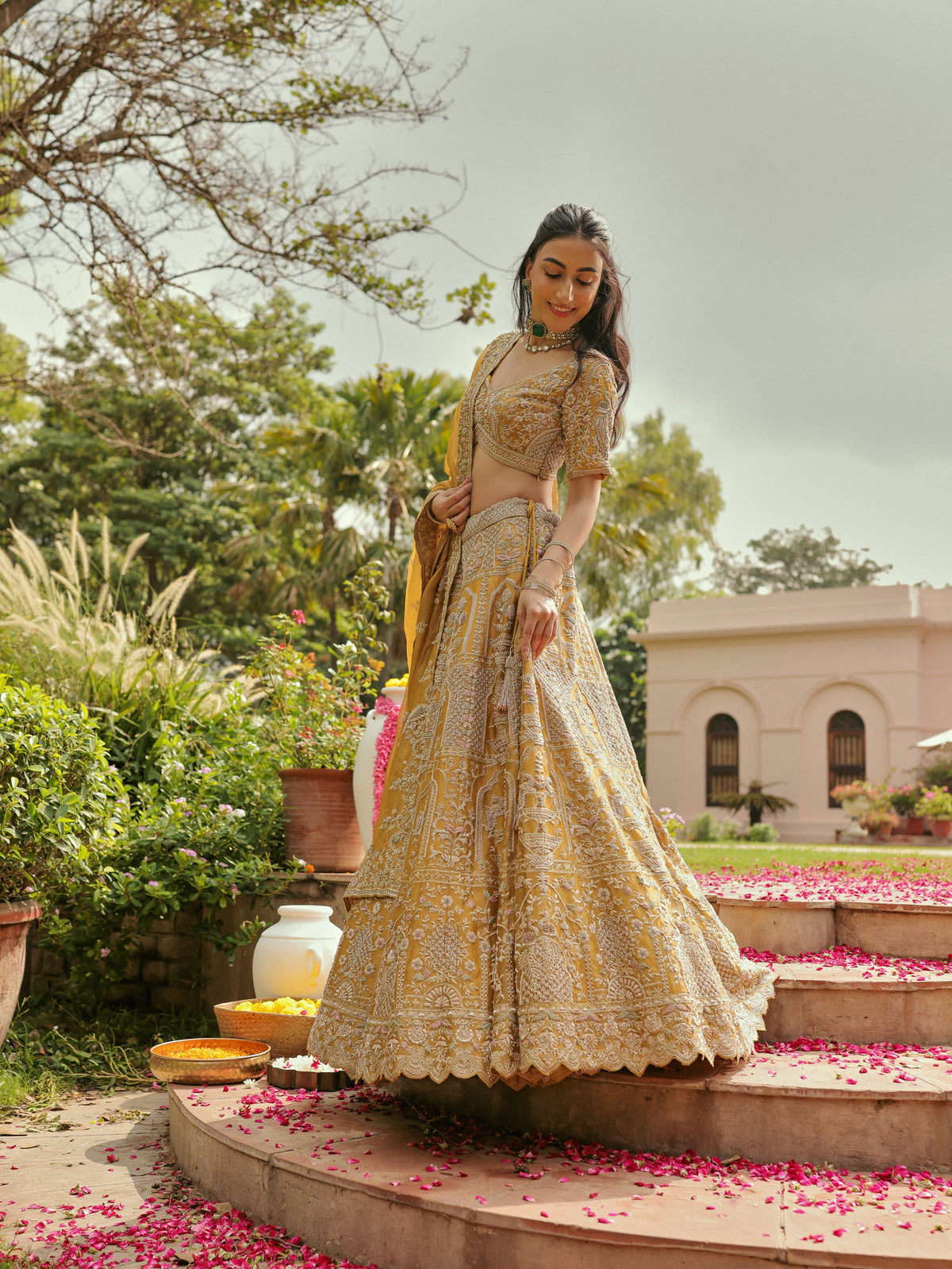 Yellow Tissue Lehenga with Pearl Embroidery, view 2