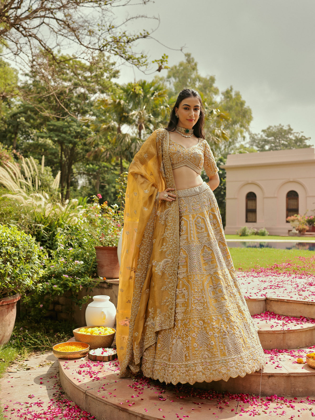 Yellow Tissue Lehenga with Pearl Embroidery, view 3
