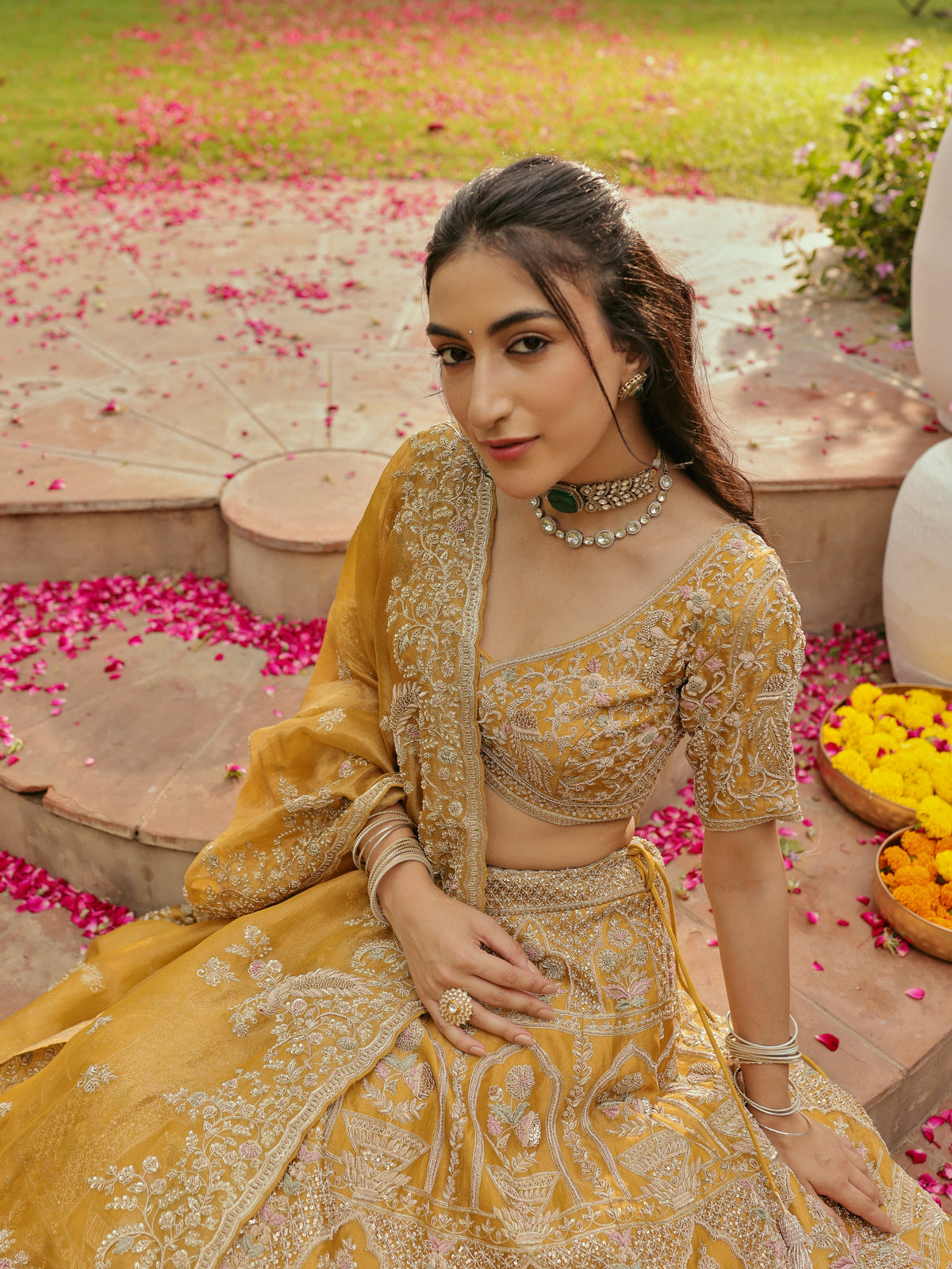 Yellow Tissue Lehenga with Pearl Embroidery, view 4