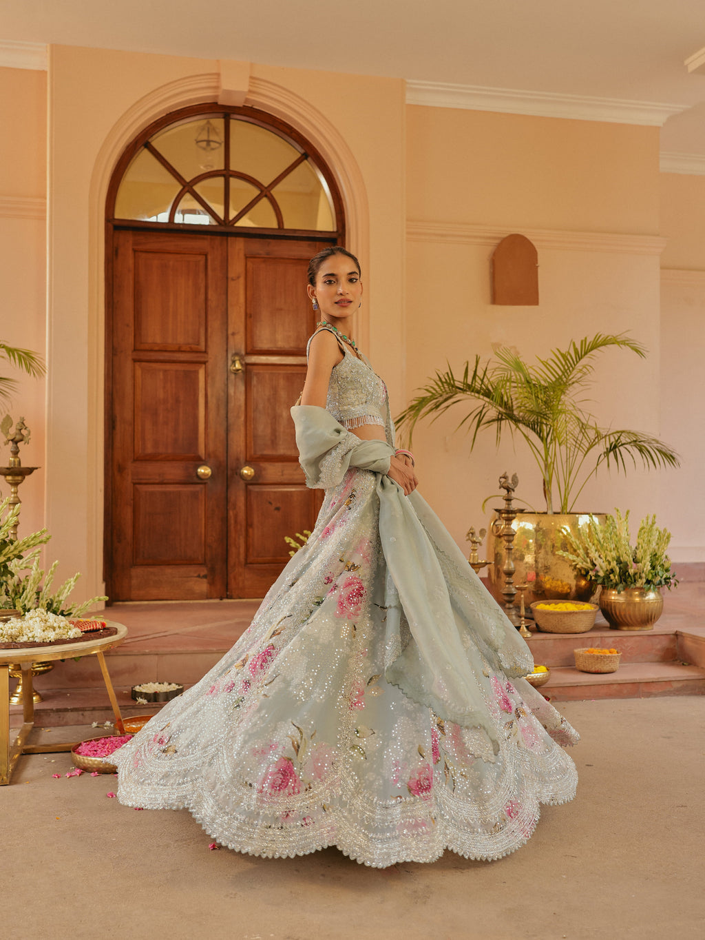 Blue Printed Organza Lehenga with Mirror