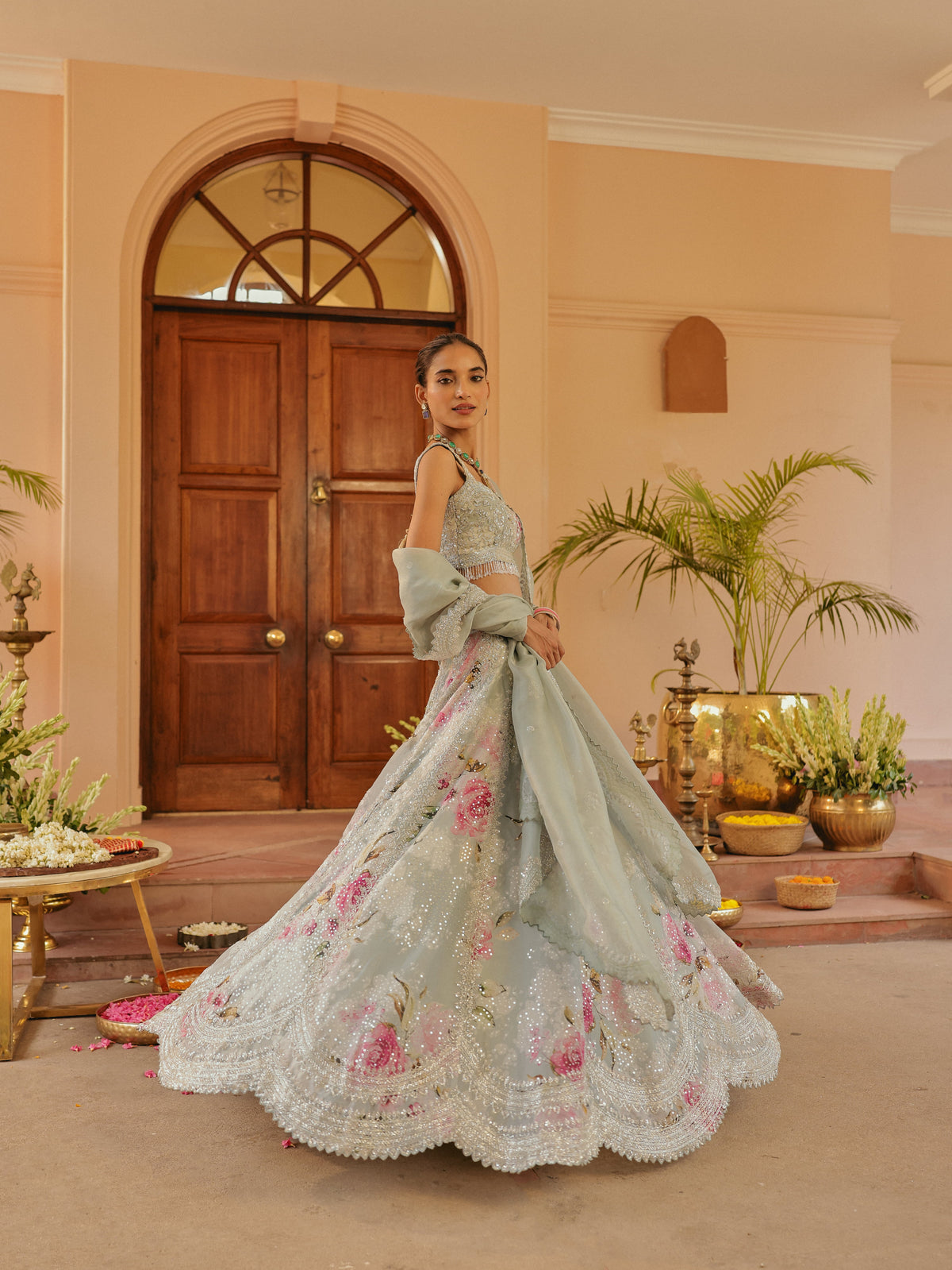 Blue Printed Organza Lehenga with Mirror