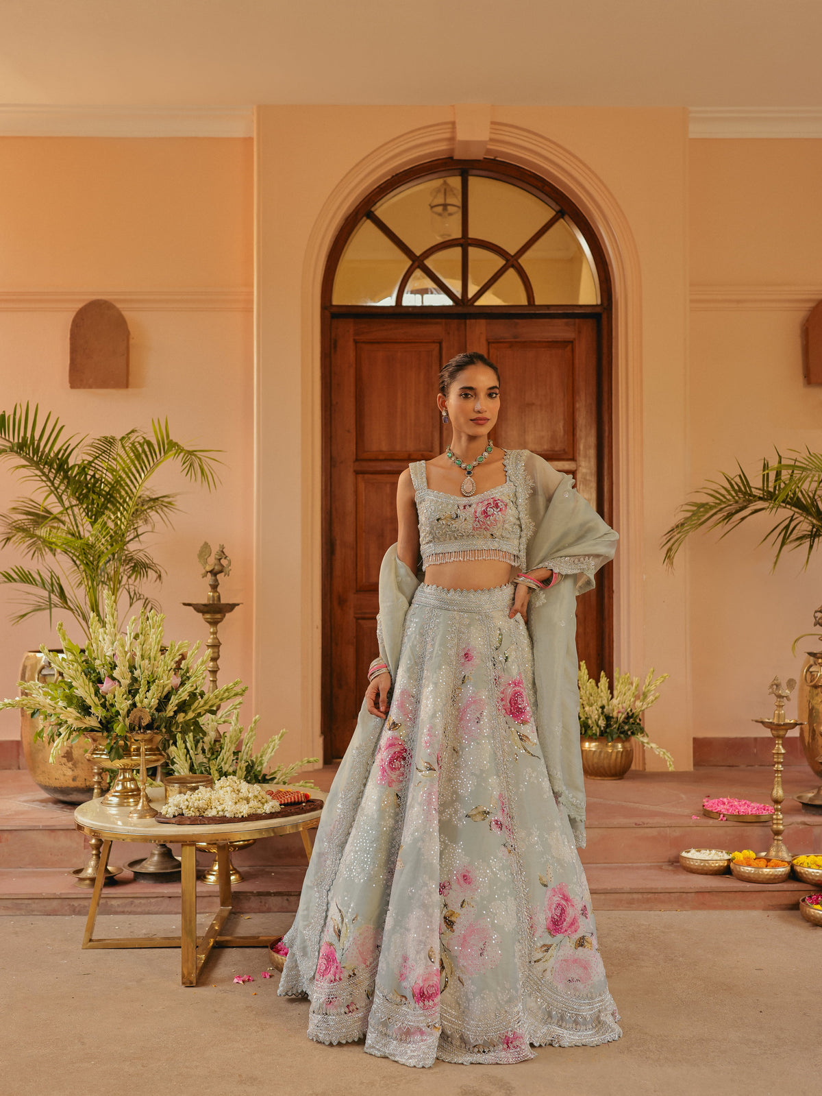 Blue Printed Organza Lehenga with Mirror, view 2