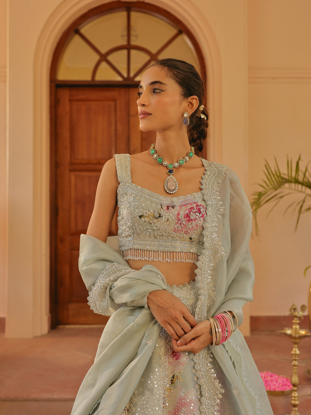 Blue Printed Organza Lehenga with Mirror, view 3