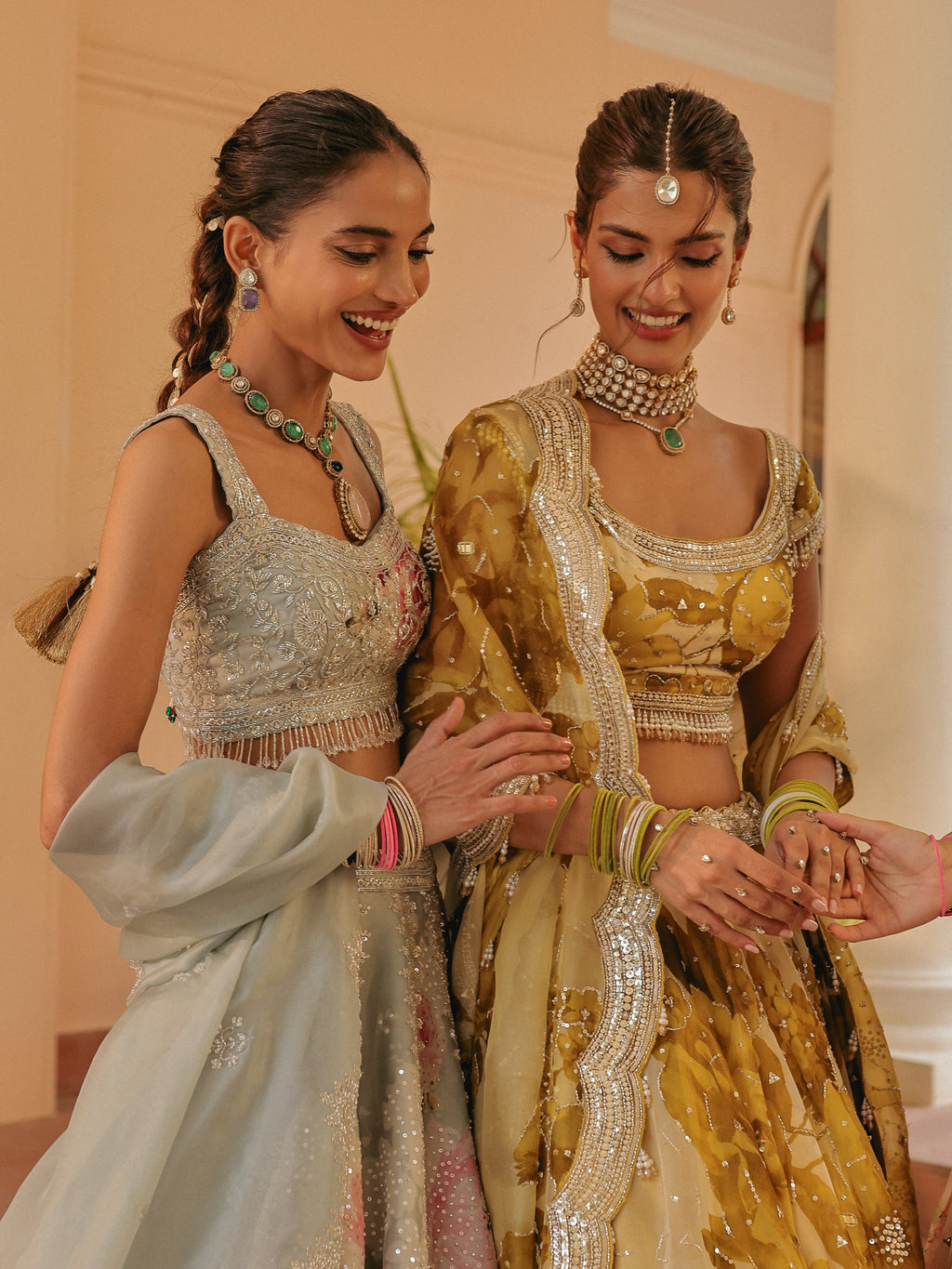 Blue Printed Organza Lehenga with Mirror, view 5