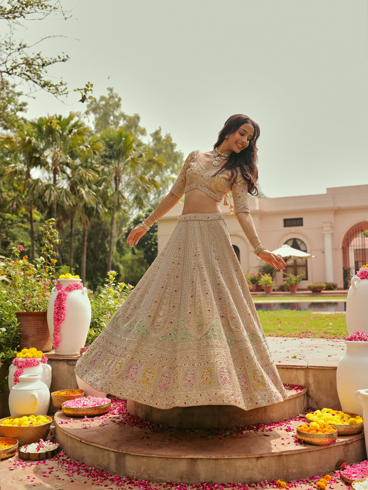 Gold Tissue Lehenga with Zardosi Handwork, view 2