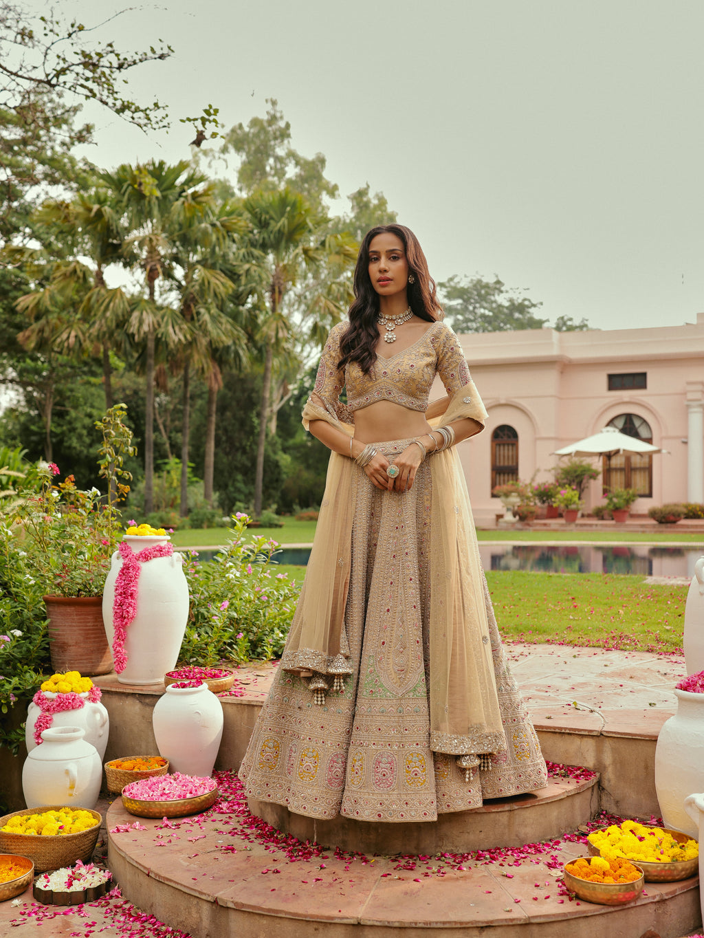 Gold Tissue Lehenga with Zardosi Handwork, view 3
