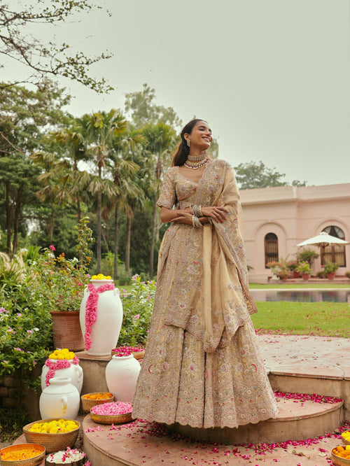 Gold Tissue Lehenga with Multicolour Threadwork