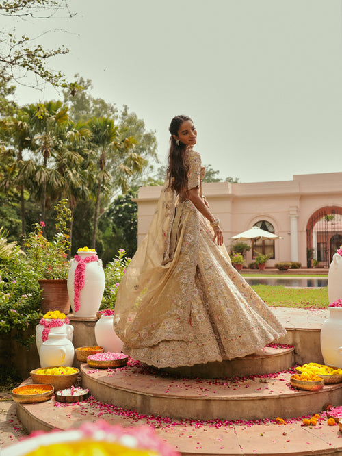 Gold Tissue Lehenga with Multicolour Threadwork, view 2