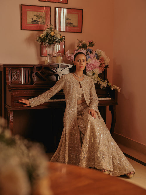Beige Sharara and Jacket Set, view 2